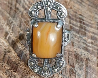 Art Deco Carnelian Agate Marcasite Sterling Silver Ring Size 6.5