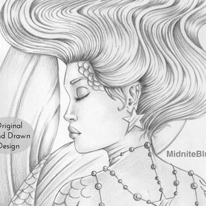 Coloring Page - Grayscale - Greyscale - Printable Adult Coloring Page - Mermaid - Digital Download