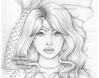 Grayscale Mermaid Coloring Page – Printable Adult Art (Digital Download)