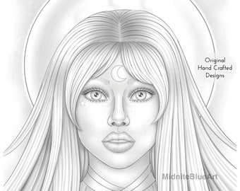 The Moon - Grayscale Coloring Page - Greyscale Colouring - Print At Home - Digital Download