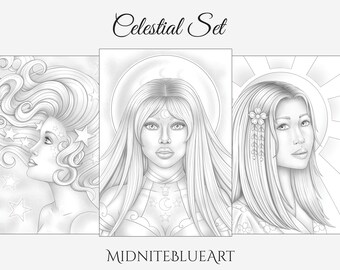 Conjunto para colorear de tres piezas - Celestial - Coloración en escala de grises - Coloración en escala de grises - Imprimir en casa - Descarga digital
