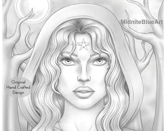 Grayscale Coloring Page - Greyscale Colouring Page - Wiccan - Witch - Digital Download - Adult - Print at Home