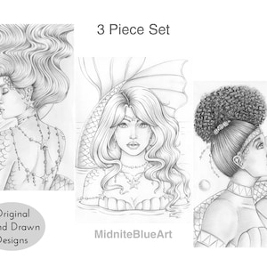 Coloring Page Set - 3 Images - Grayscale - Greyscale - Printable Adult Coloring Pages - Mermaids - Fantasy Set - Digital Download