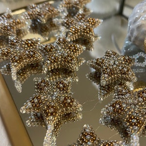 Mini Sets of Iridescent Gold and Bronze Hand Beaded Ornaments