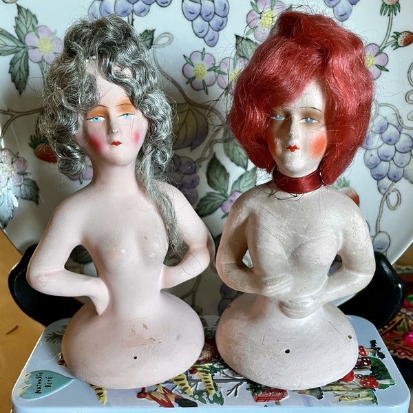 Set of 2 Vintage BISQUE HALF-DOLLS with Mohair Wigs, Circa 1940's or Earlier