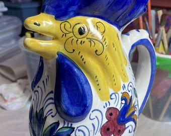 Hand Painted Pottery Rooster Pitcher--Italy--Circa 1990's