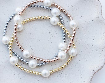 Large Pearl Stacking Bracelets | pearl beaded bracelet | 14k gold filled beaded bracelet | pearl bracelet | gold bracelet | stretch bracelet
