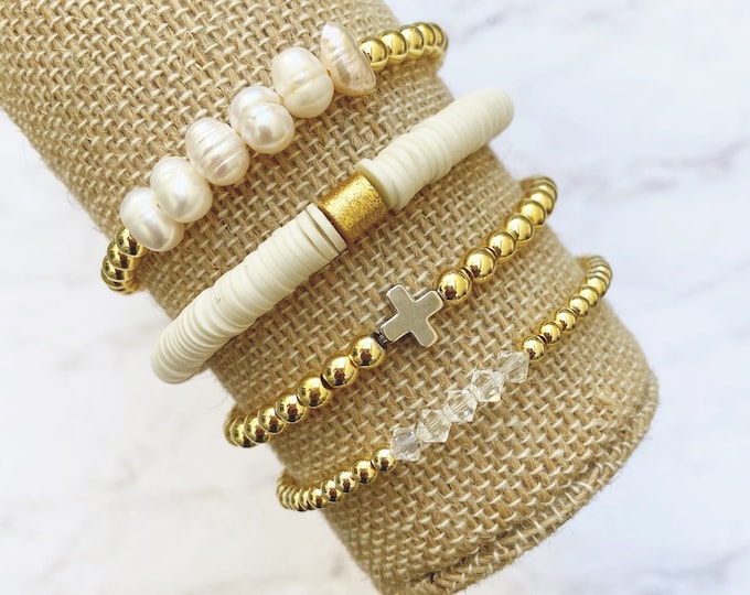 bracelet bundle My Favorite Bracelet Stack stretch pearl gold cross everyday stackable Set of 4 by Sarahndipity Jewelry || beaded