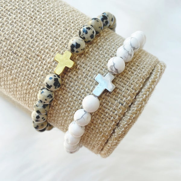 Metal Cross Beaded Bracelet by Sarahndipity Jewelry || beaded, stretch, stackable, gold cross bead, silver cross bead, religious  bracelet