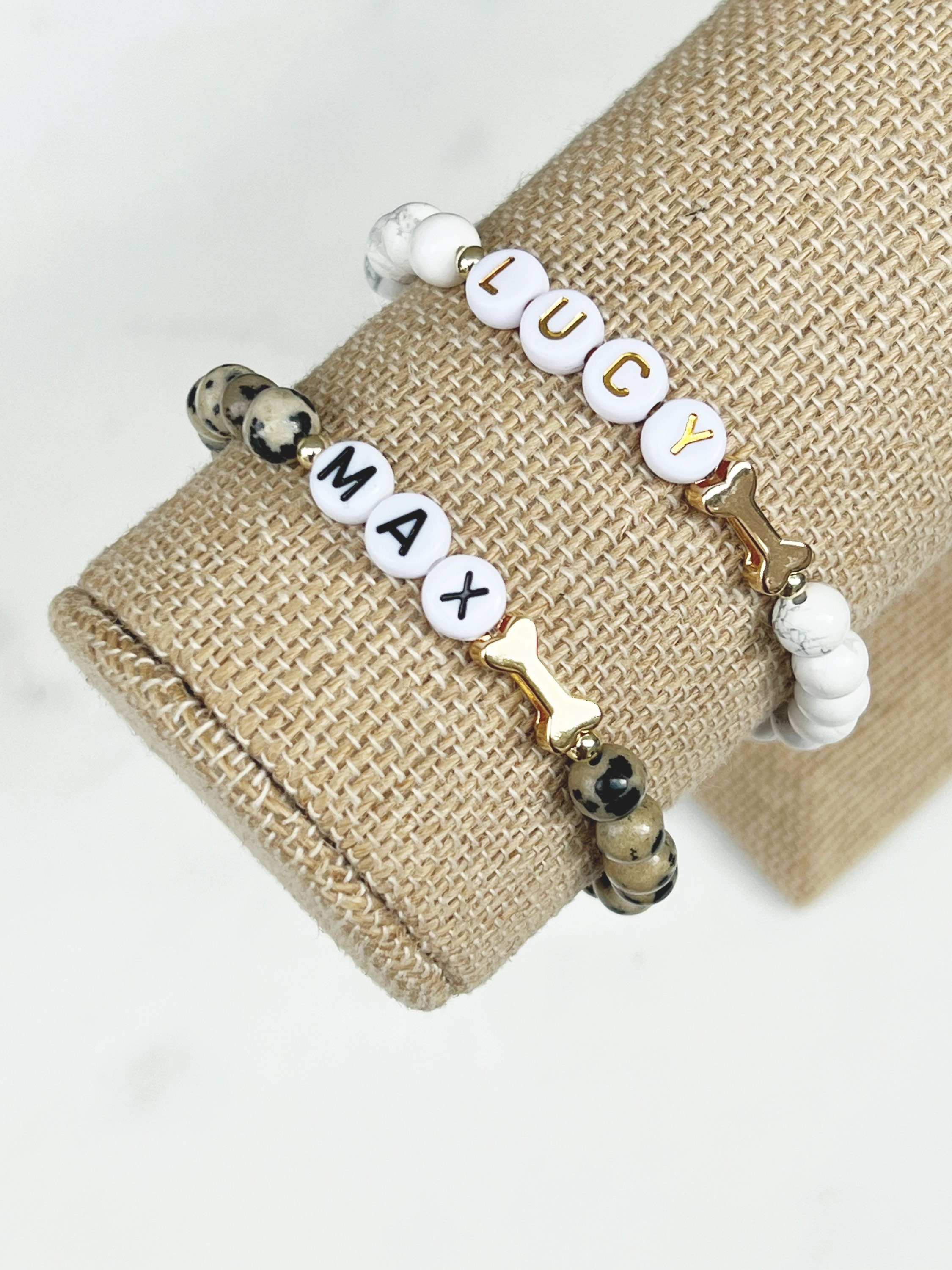 Personalized Pet Name Bone Bracelet with Beads, Gold Bone Bracelet, Stretch Chain, Pet Memorial Jewelry, Gift for Dog Mom/Pet Lovers