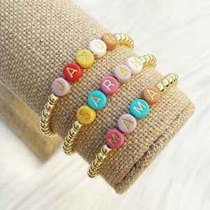 Colorful Custom Word Bracelets by Sarahndipity Jewelry || beaded, stretch, stackable, name bracelet, personalized name bracelet, gold bead