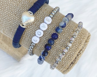 Blue & Silver Bracelet Stack (Set of 4)