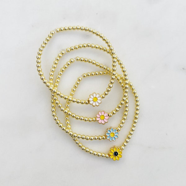 Daisy Bracelets by Sarahndipity Jewelry || beaded, stretch, gold bead bracelet, silver bead bracelet, plus, flower bead bracelet