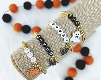 Halloween Custom Charm Bracelets by Sarahndipity Jewelry || beaded, stretch, pumpkin, ghost charm, spider charm, Halloween bracelets