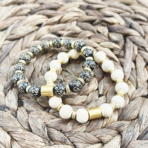 Leopard Stacking Bracelets by Sarahndipity Jewelry || beaded, stretch, stackable, gold barrel bead, leopard wood bead, wooden beads