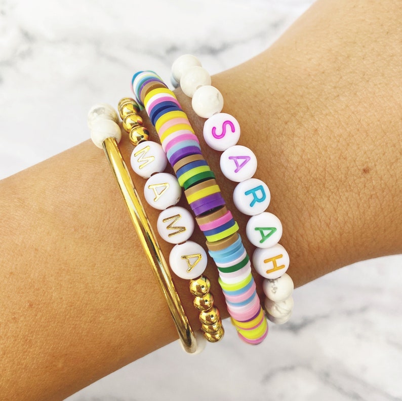stretch set custom bracelet stackable Rainbow Letter Custom Word Bracelets by Sarahndipity Jewelry || beaded colorful letter colorful