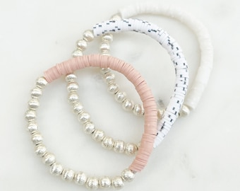 Silver Brushed Bead Heishi Bracelets by Sarahndipity Jewelry || beaded, stretch, stackable, disc bead, clay disc bead