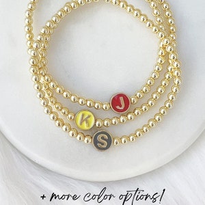 Enamel Initial Bracelets by Sarahndipity Jewelry || stretch, stackable, beaded, gold bead bracelets, colorful letter, gold hematite bead