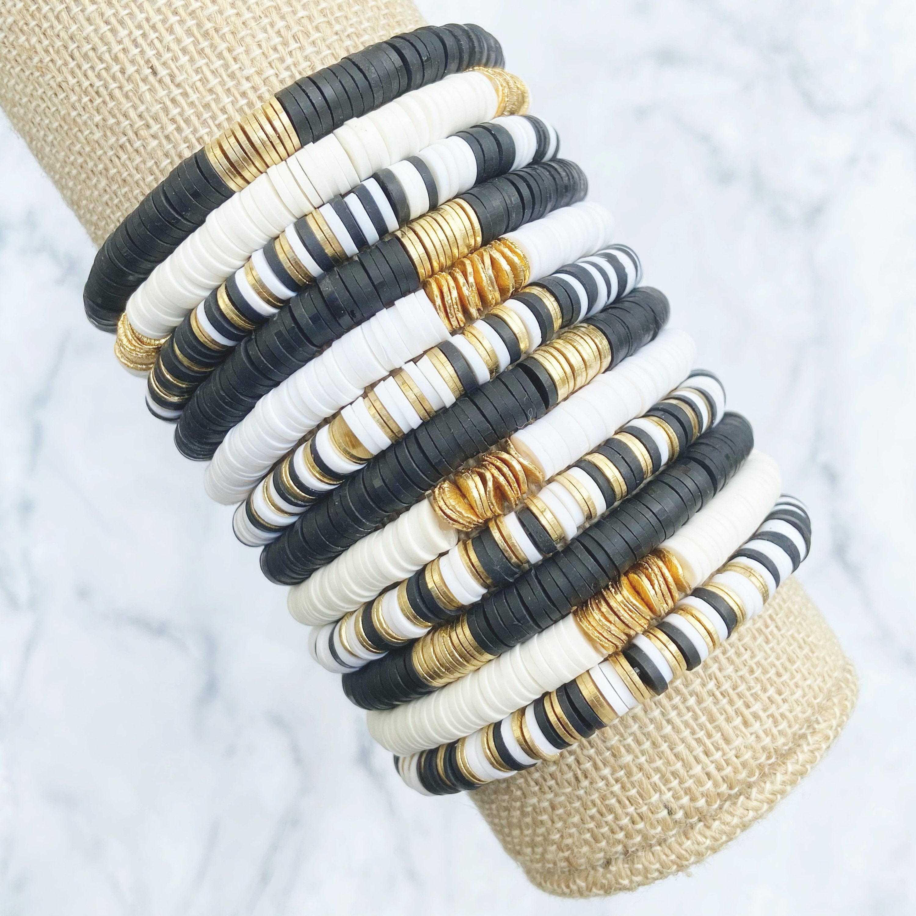 Black, White & Gold Mix Heishi Bracelets Gold Accents Polymer Clay