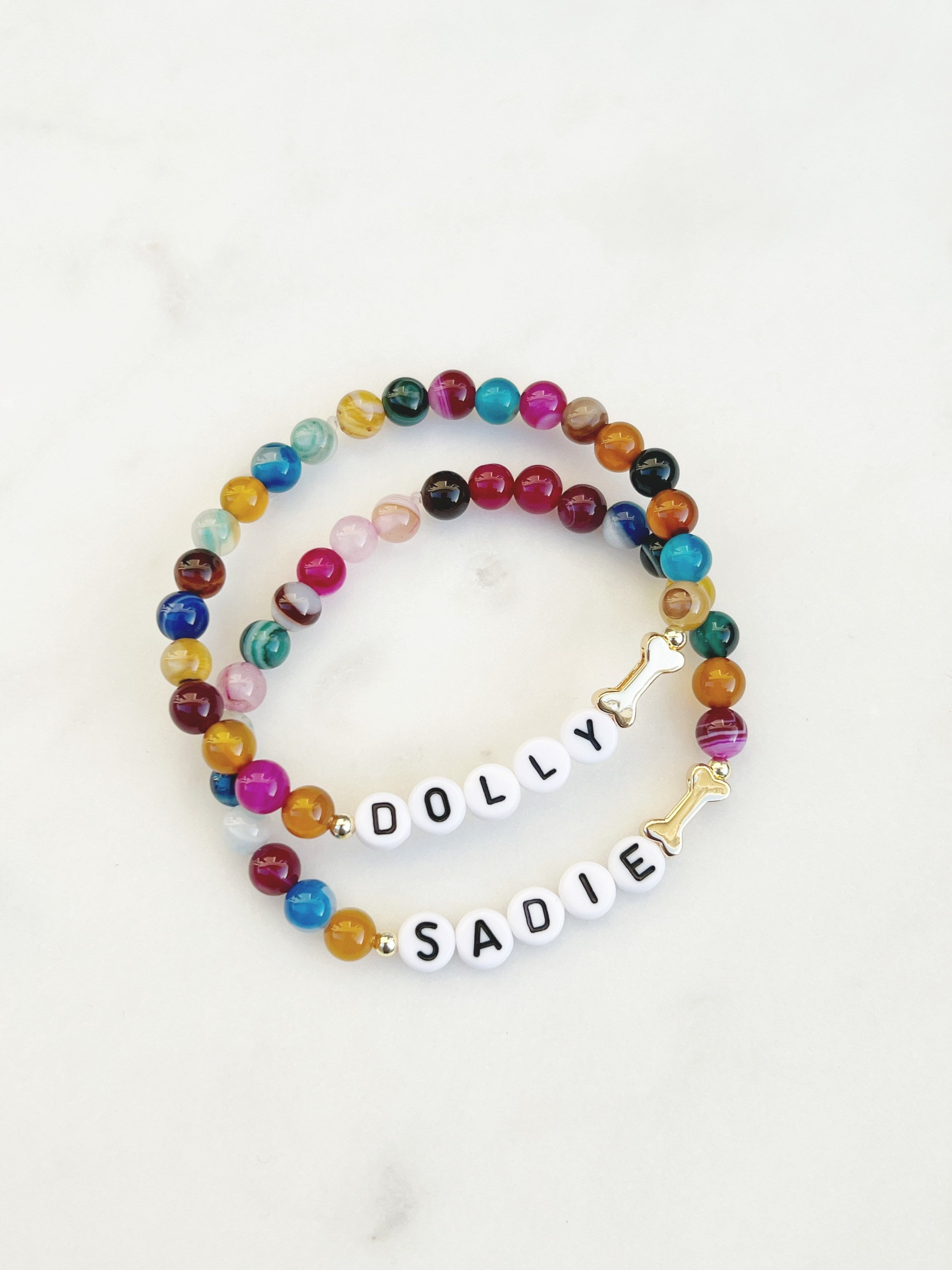 Personalized Pet Name Bone Bracelet with Beads, Gold Bone Bracelet, Stretch Chain, Pet Memorial Jewelry, Gift for Dog Mom/Pet Lovers