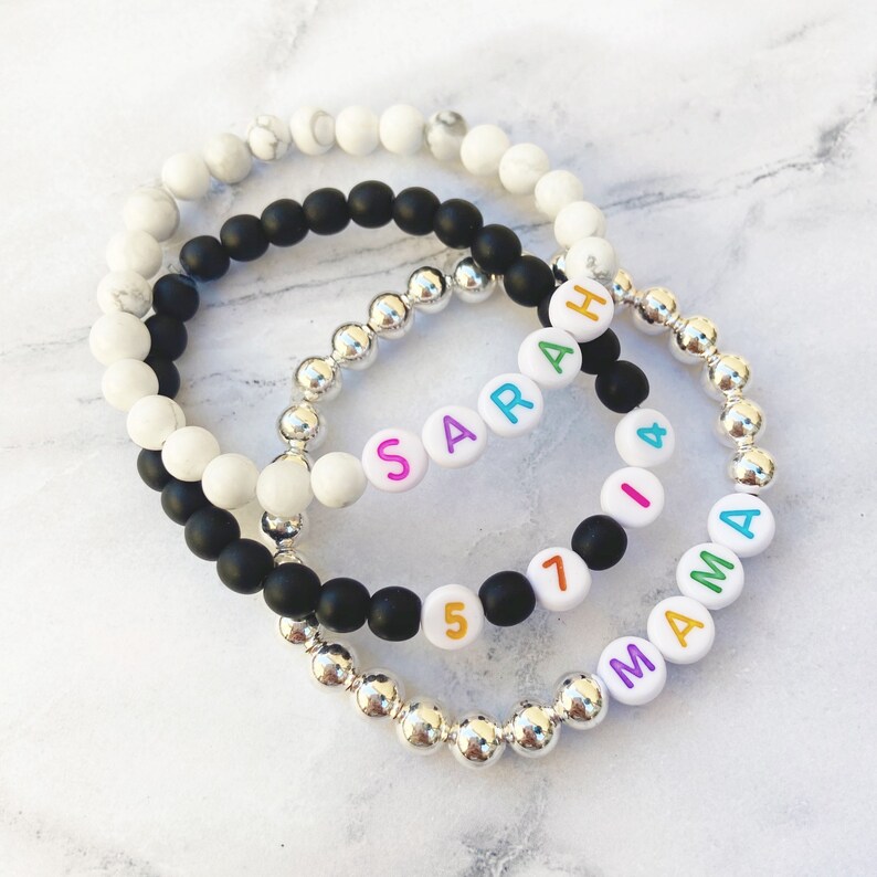 stretch set custom bracelet stackable Rainbow Letter Custom Word Bracelets by Sarahndipity Jewelry || beaded colorful letter colorful