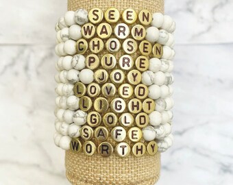Custom Word Bracelets by Sarahndipity Jewelry || beaded, stretch, stackable, gold, custom, name, initial, mama, mom, wifey, personalized