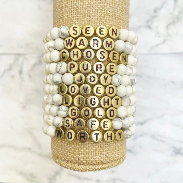 Custom Word Bracelets by Sarahndipity Jewelry || beaded, stretch, stackable, gold, custom, name, initial, mama, mom, wifey, personalized