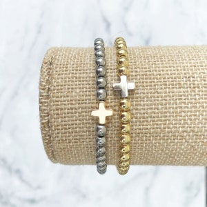 Bracelets Positivity de Sarahndipity Jewelry Bracelet en perles, extensible, empilable, en or, bracelet en argent, plus, bracelet croix image 2
