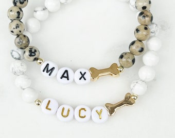 Pet Name Bracelet by Sarahndipity Jewelry ||beaded, stretch, pet memorial, dog name stone bracelet, gold bone bracelet, pet jewelry, dog mom