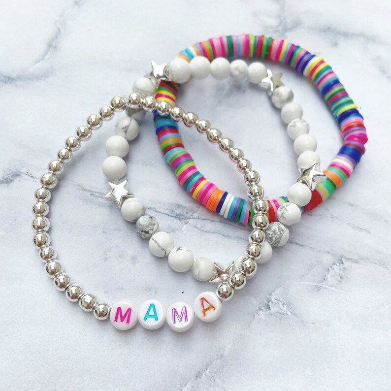 stretch set custom bracelet stackable Rainbow Letter Custom Word Bracelets by Sarahndipity Jewelry || beaded colorful letter colorful