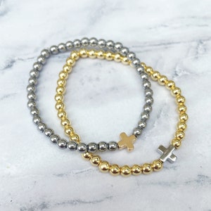 Bracelets Positivity de Sarahndipity Jewelry Bracelet en perles, extensible, empilable, en or, bracelet en argent, plus, bracelet croix image 3