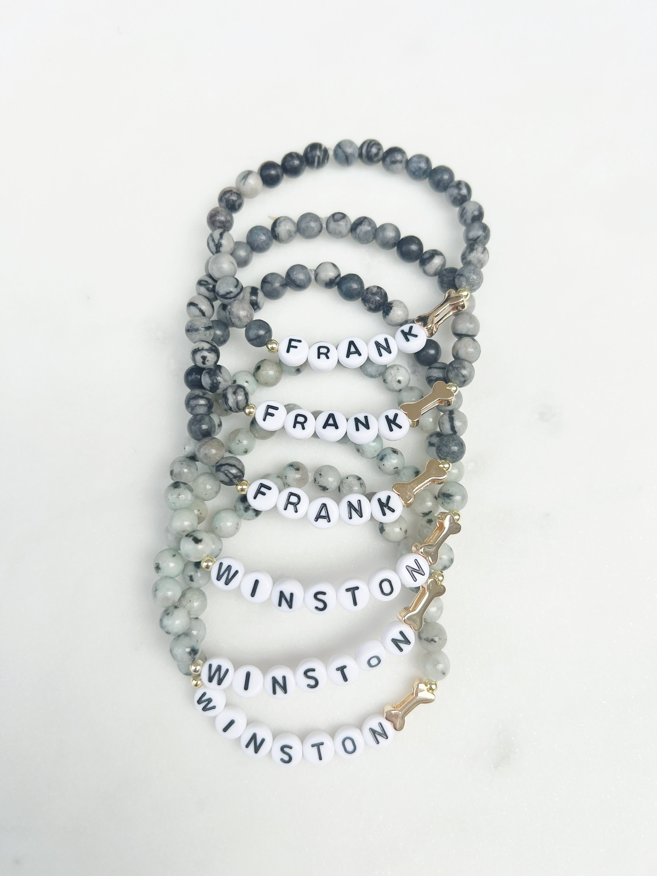 Personalized Pet Name Bone Bracelet with Beads, Gold Bone Bracelet, Stretch Chain, Pet Memorial Jewelry, Gift for Dog Mom/Pet Lovers