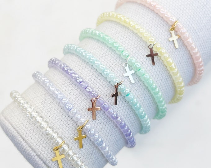 Featured listing image: Dainty Cross Seed Bead Stacking Bracelets