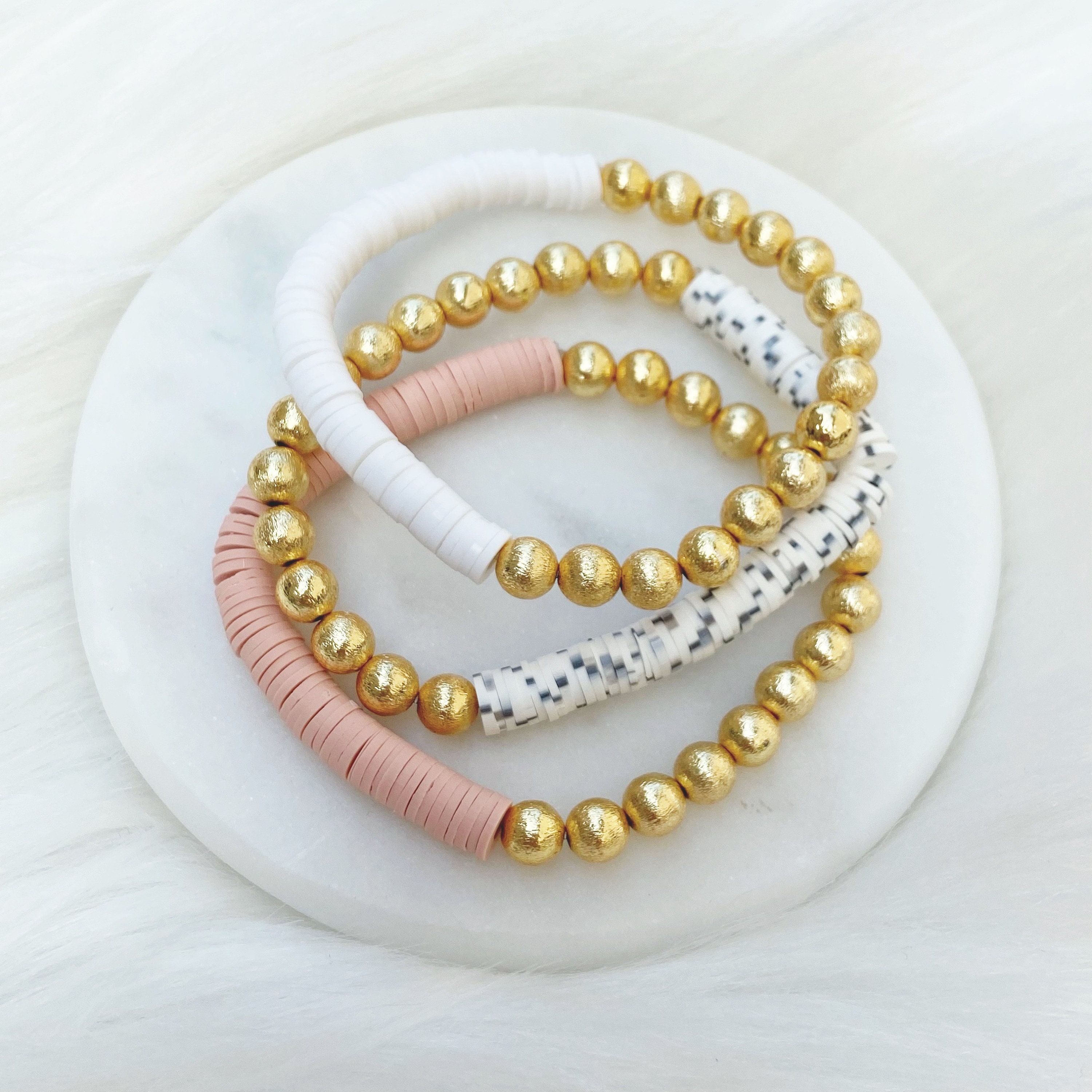 Gold Bead Heishi Bracelets by Sarahndipity Jewelry || Beaded, Stretch, Stackable, Disc Bead, Clay Disc Bead