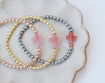Pink Quartz Cross Bracelet