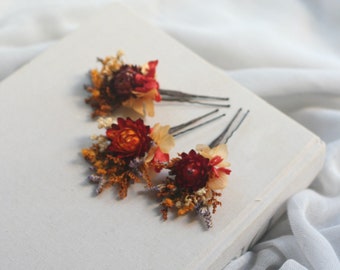 Dried Flower Hair Pins, Wedding Flower Hair Clip , Orange, Burgundy