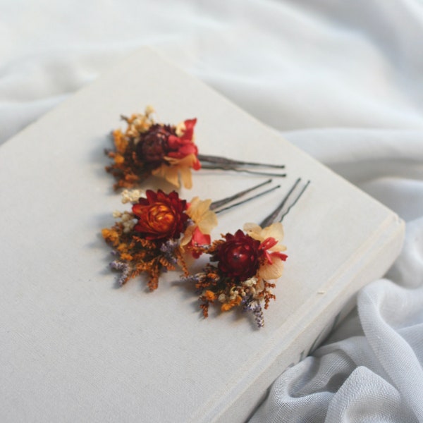 Dried Flower Hair Pins, Wedding Flower Hair Clip , Orange, Burgundy