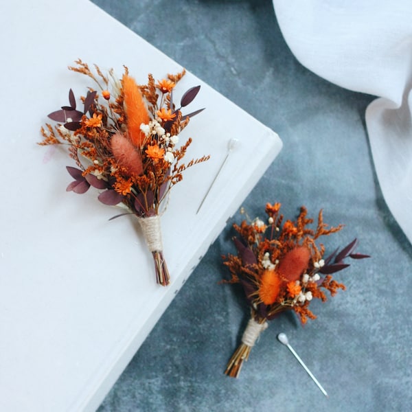 Rust wedding boutonniere, Boho buttonhole, Burnt orange boutonniere, Autumn wedding boutonniere, Dried flower grooms boutonniere