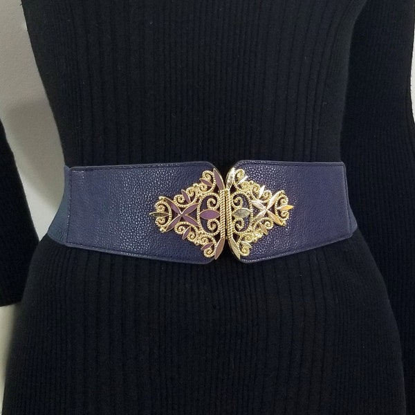 Vintage 1980s Dark Blue and Gold Tone Stretchie Belt -Ornate Buckle - Elastic Belt - Woman's Belt - Stretch Belt