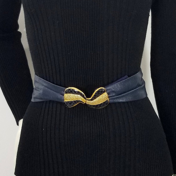 Vintage 1980s Century Canada Patent Leather Belt - Dark Blue-Grey- Faux Snake Skin - Gold Tone - 1980s - Woman's Belt