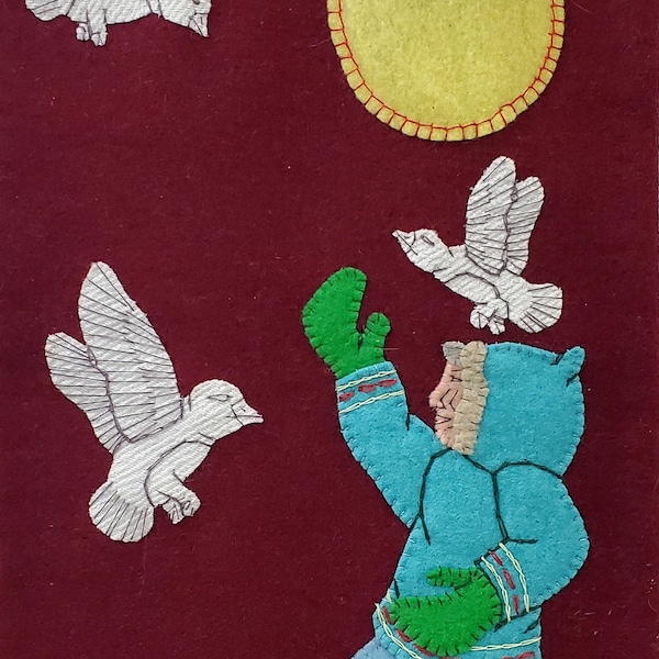 Vintage Inuit Wool Tapestry by Inuit Artist  Norman Ekoomiak (1948-2009) - Embroidered Wall Hanging - Man with Birds - Inuit Art