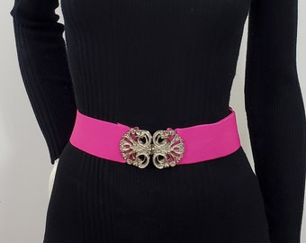 Elegant High &Low Waist Elastic Fuchsia Pink Belt W/ Metal Buckle Lock S M L Elegant High &Low Waist Elastic Fuchsia Pink Belt W/ Metal Buckle Lock S M L