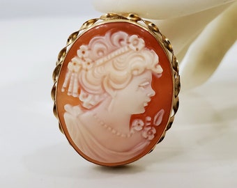 Mid Century Era italienische Cameo Brosche - markierte Italien 585 - geschnitztes Porträt - Shell Cameo