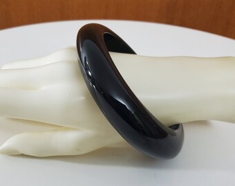 Black Lucite Bangle with Sloping Profile - 1980s Black Bracelet for Large Wrists