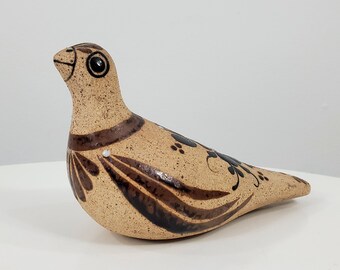 Vintage Tonala Pottery Bird Figurine - Sandstone Texture - Hand Painted - Jalisco - Mexican Pottery - Floral Pattern