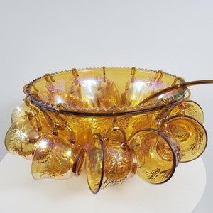 Vintage Indiana Glass Iridescent Gold Carnival Glass Punch Bowl with 12 Cups, 12 Hooks, Ladle, Box - Harvest Pattern - Princess Punch Set