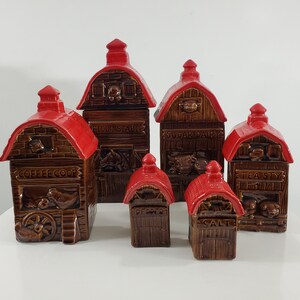 Twin Winton Barnyard Canister Set with Schmid Salt and Pepper - Vintage Ceramic Canisters - Barns