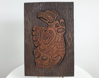 Hand Carved Pacific Northwest First Nations Plaque - Hawk or Eagle with Salmon - Copper Finish - Unsigned