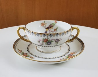 Elite Works Limoges, France Bouillon Cup and Saucer - Bird of Paradise, 1920-1932 - BWD5 - Double Handle Tea Cup