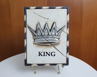 Vintage Sid Dickens Memory Block - T-22, "King (Silver)" - Plaster and Wood Wall Tile with Crown and King - All the world is yours....